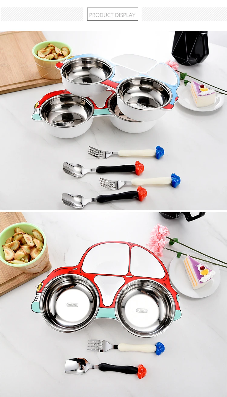 New Product 2021 Kitchen Accessories 3 Pcs Stainless Steel Baby Feeding Plate Spoon Fork Children Tableware Set Dinnerware Sets