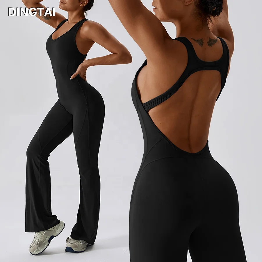 New Design High Quality Women Custom Logo Bodysuit Gym Jumpsuit with Flare Bottom Pant