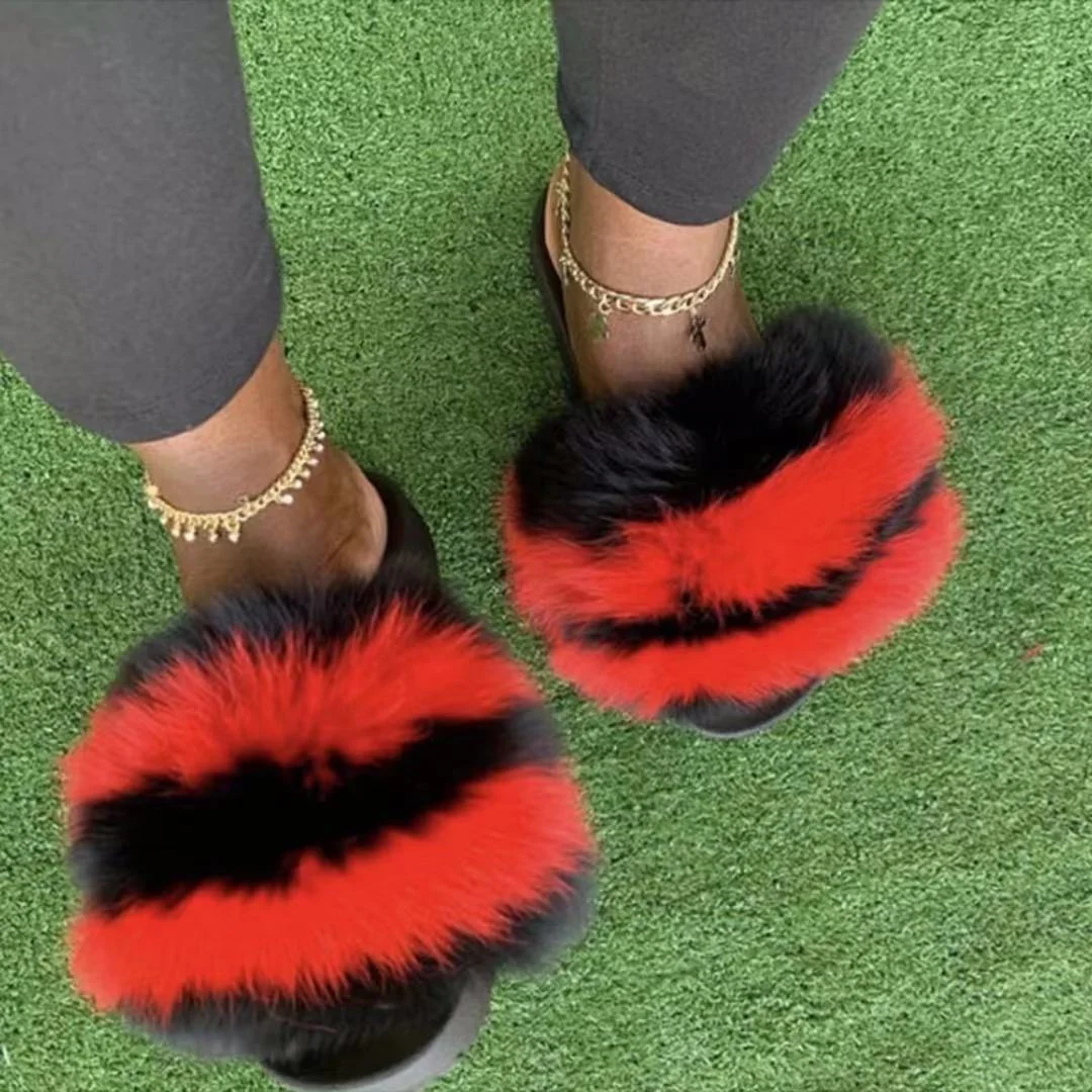 

2022 fashion Fur slippers for women and child fox fur slippers real slippers women soft real raccoon fur slides Custom logo, Color matching or can be customized according to requirements