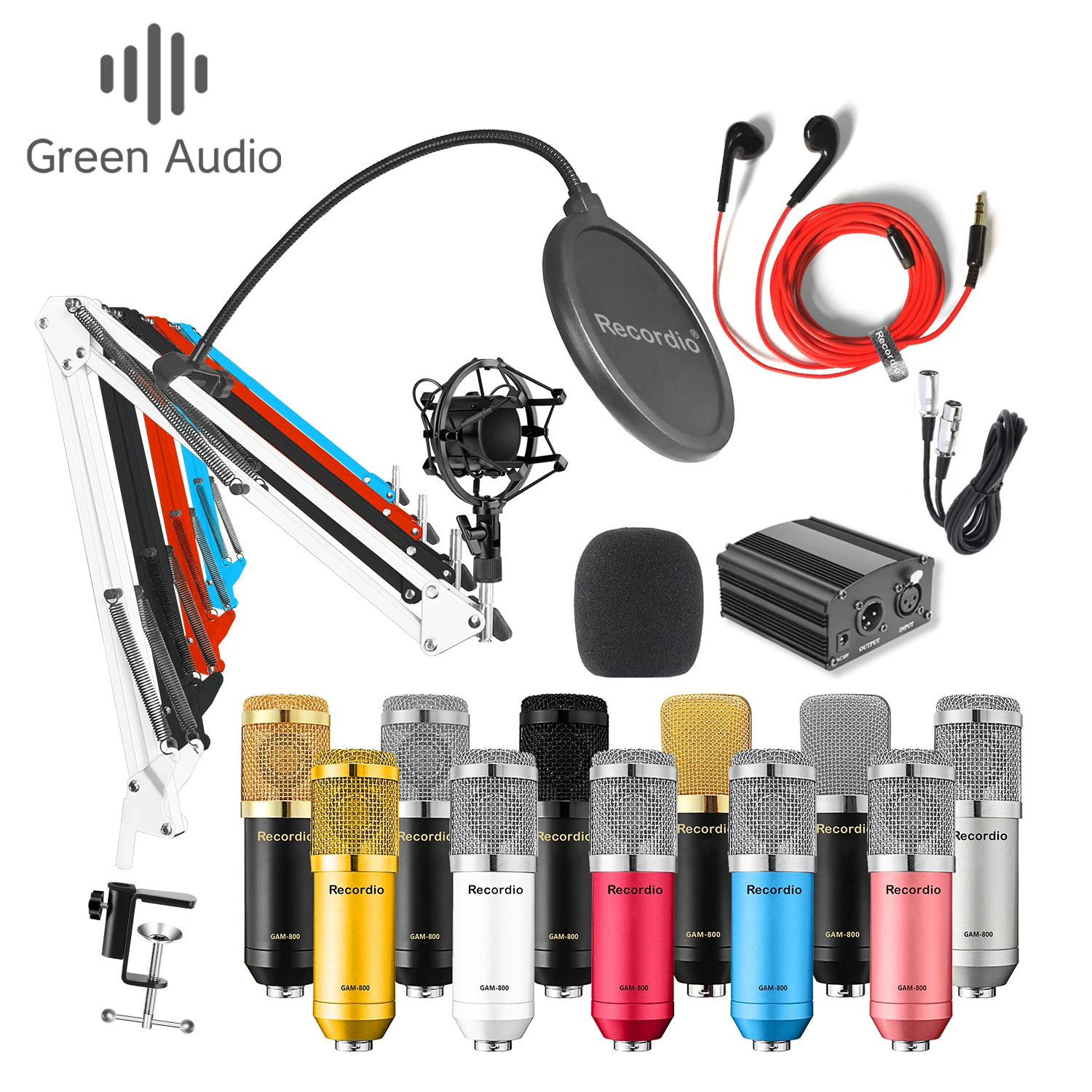 

BM-800 Green Audio High sensitivity omnidirectional podcast studio recording electret condenser microphone for singing room