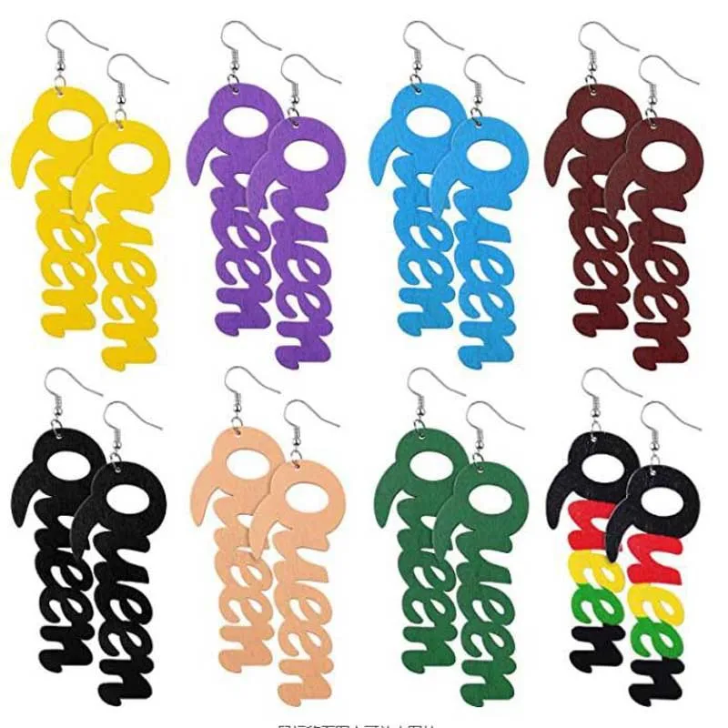 

Accept Customized New Arrival Colorful African Wood Letter Earring Hollow Letter Queen Drop Earring For Girls