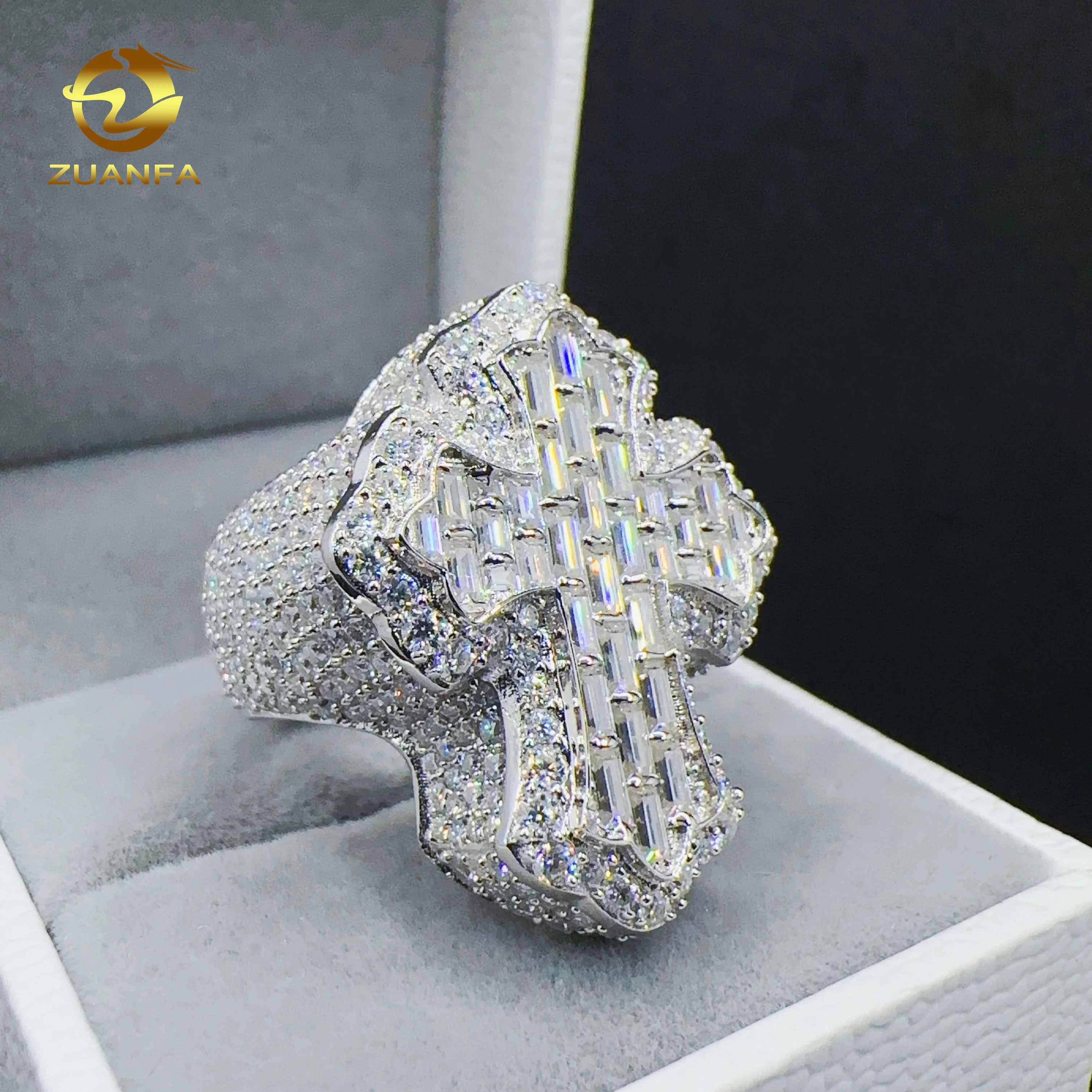 

ZUANFA Jewelry Moissanite hip hop ring 925 sterling silver Cross Ring baguette VVS Moissanite men diamond ring