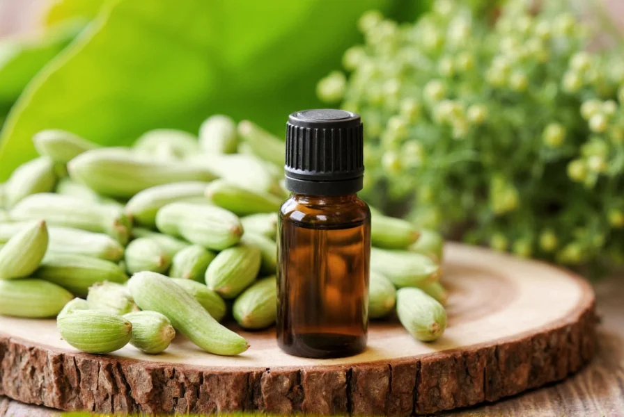 Cardamom pods next to essential oil bottle showing proper dilution ratios for topical application