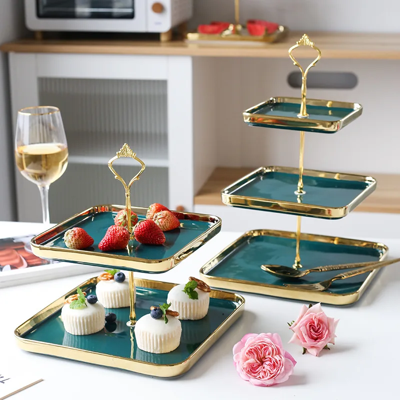 

Living room household light luxury Phnom Penh ceramic tableware three layer stand table square fruit plate double cake rack