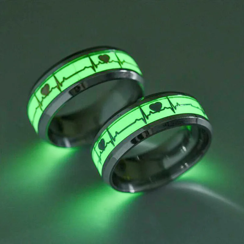 

New Fashion Round Luminous Silver Plated Ring Heart Electrocardiogram Inlay Green Background Men Fluorescent Glowing Rings Gift, Gold,silver