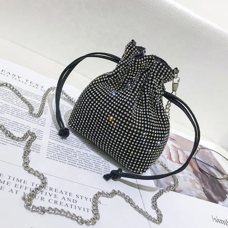 

fashion drawstring shoulder bag bling small bucket shape mini crystal women diamond bags, Customizable