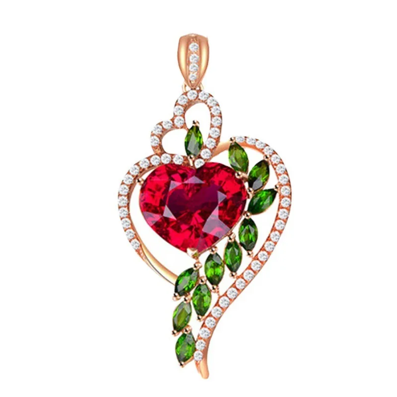 

Fashion women's ruby peach heart pendant with green diamond heart-shaped necklace jewelry