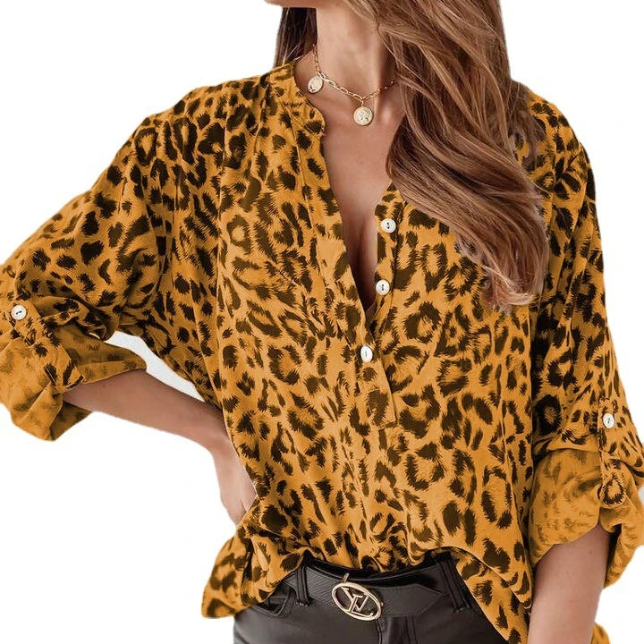 

OL commuter leopard print long-sleeved buttoned shirt Europe and America