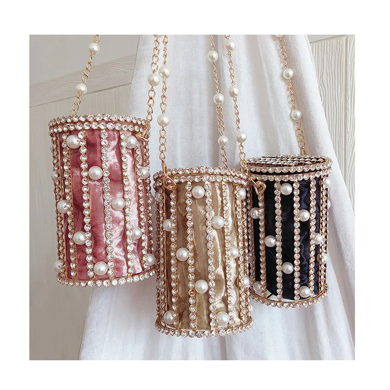 

Luxury Diamonds Cylinder Bag Evening Party Bucket Pearl Handbags Lady Banquet Small Clutch Women Chain Crossbody Bags Cage Bolsa