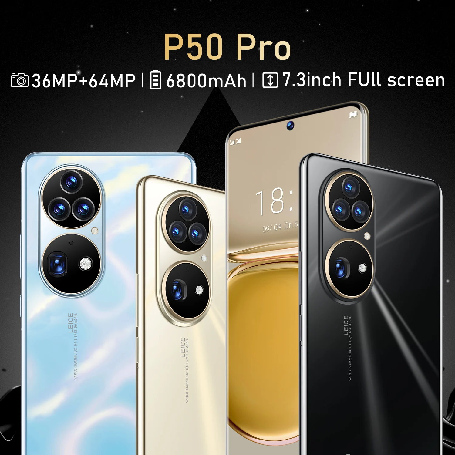 

New P50 Pro 12GB+512GB Android 12 smartphone 7.3 inch Deca core Face access phone, Golden/black/colorful blue