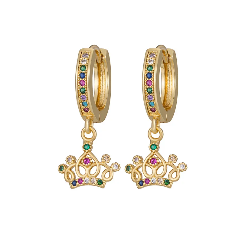 

European Fashion Colored Zircon Hoop Crown Drop Earrings 18k Gold Plated Hoop Micro Pave Zircon Crown Earrings