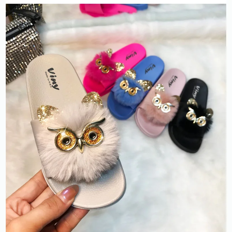 

Factory Price Cute Winter Indoor Cartoon Owl Fur Slippers For Young Girls, Blue , black , gray , pink , rose red