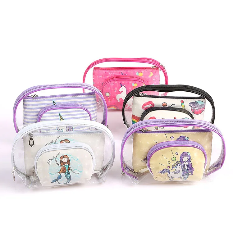 

Hot Selling Customized Clear PVC Three Set Travel Pink Unicorn Cosmetic Makeup Washing Bag