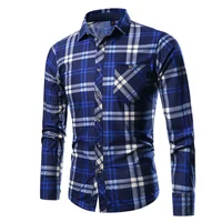 

Large Tall Men's Blue Check Plaid Brawny Flannel Button Down Shirt with Pocket