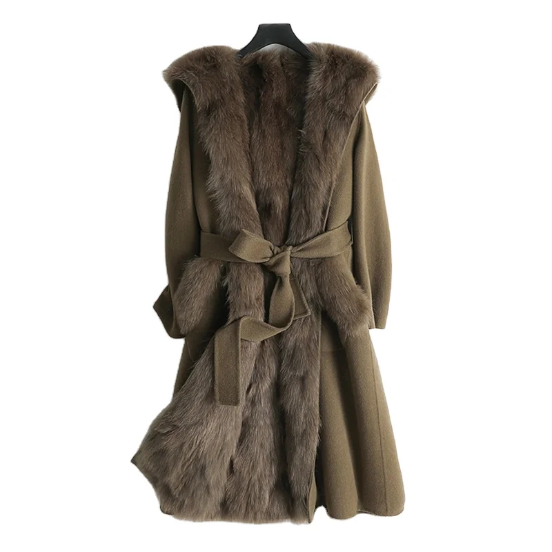 

Women real wool coat lady fox fur lining fox fur collar jacket female Fall/Winter fur long outwear ZY178