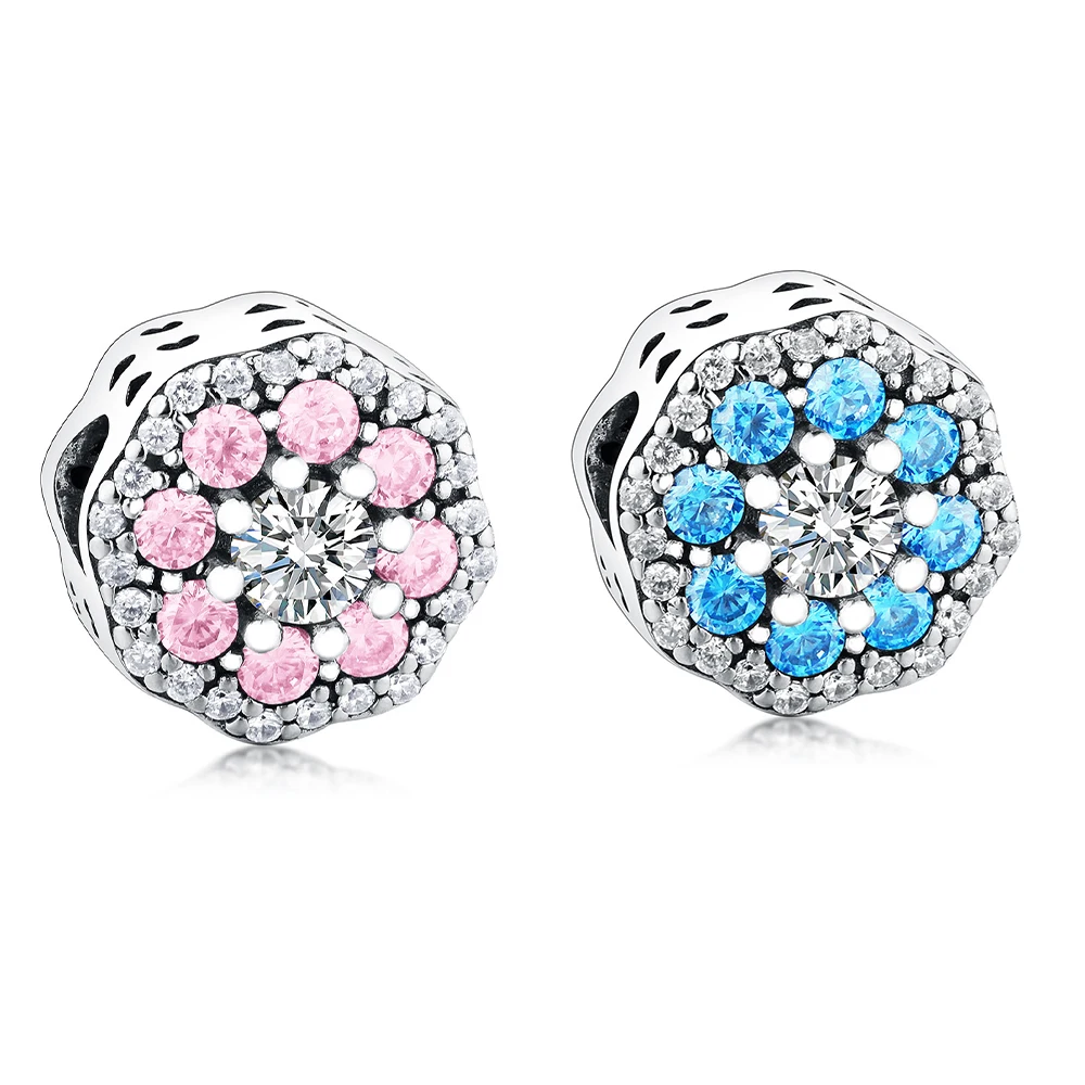 

Wholesale New 925 Sterling Silver Beautiful Pink Clear CZ Flower Beads Openwork Charms Fit Original Pandora Bracelet Jewelry