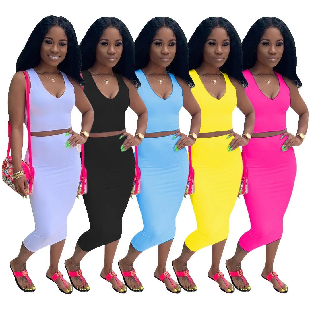 

Summer Fitness Sleeveless High Waist Solid V neck Casual Women Two Piece Set Top&Skirt Sexy Sport Suit, Yellow,blue,rose red