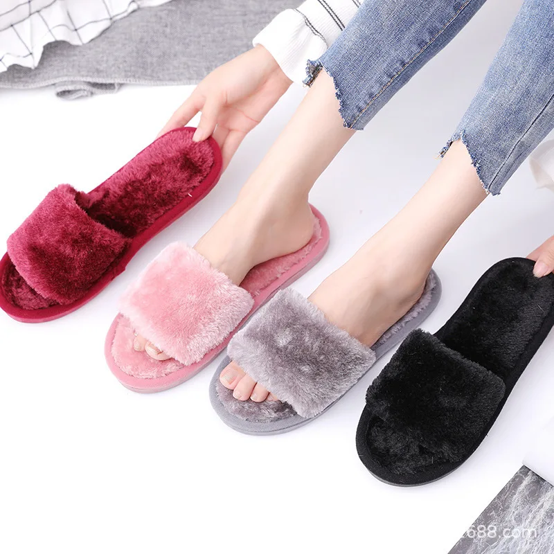 

Solid Color Open-Toed Cotton Women'S Flat-Heeled Indoor Fur Shoes New Warm Ladies Bedroom Slippers For Winter