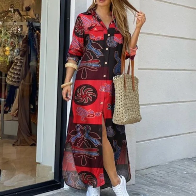 

Wholesale Autumn Winter Long Sleeve Shirt Dress Printed Casual Long Dress Elegant Maxi Shirt Dress For Women 2021 S-3xl