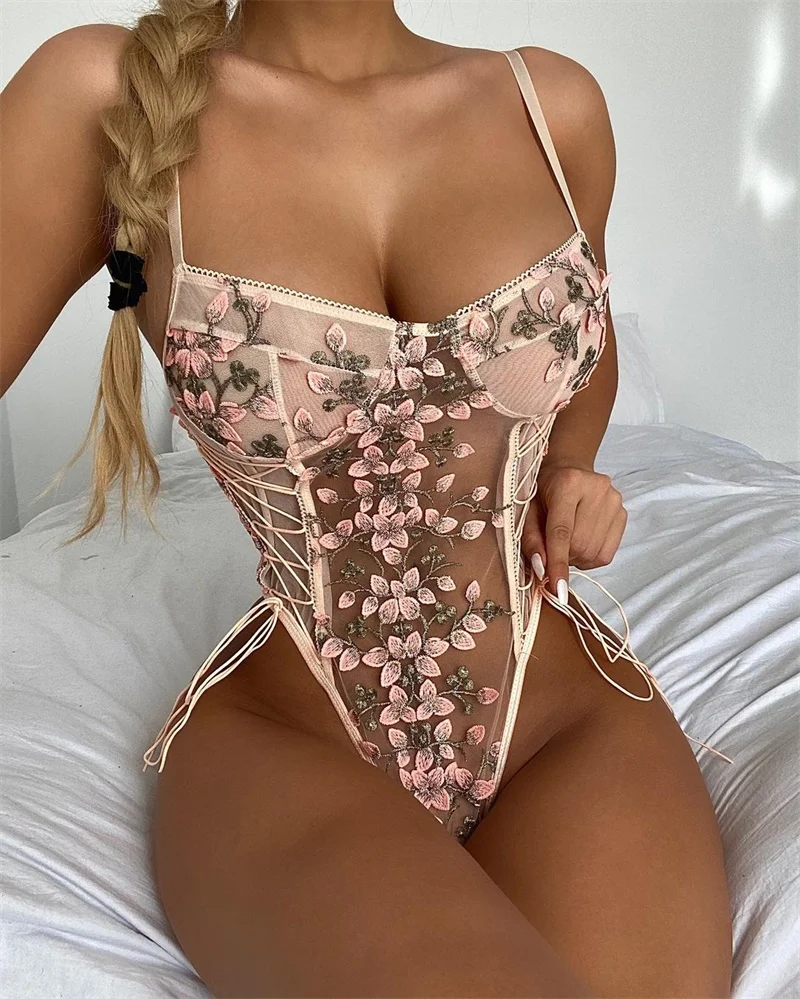 

Sexy Lace Bodysuit Women Summer Skinny Bandage Bodycon Jumpsuits Romper Top Feminino Overalls Embroidery Floral, Pink