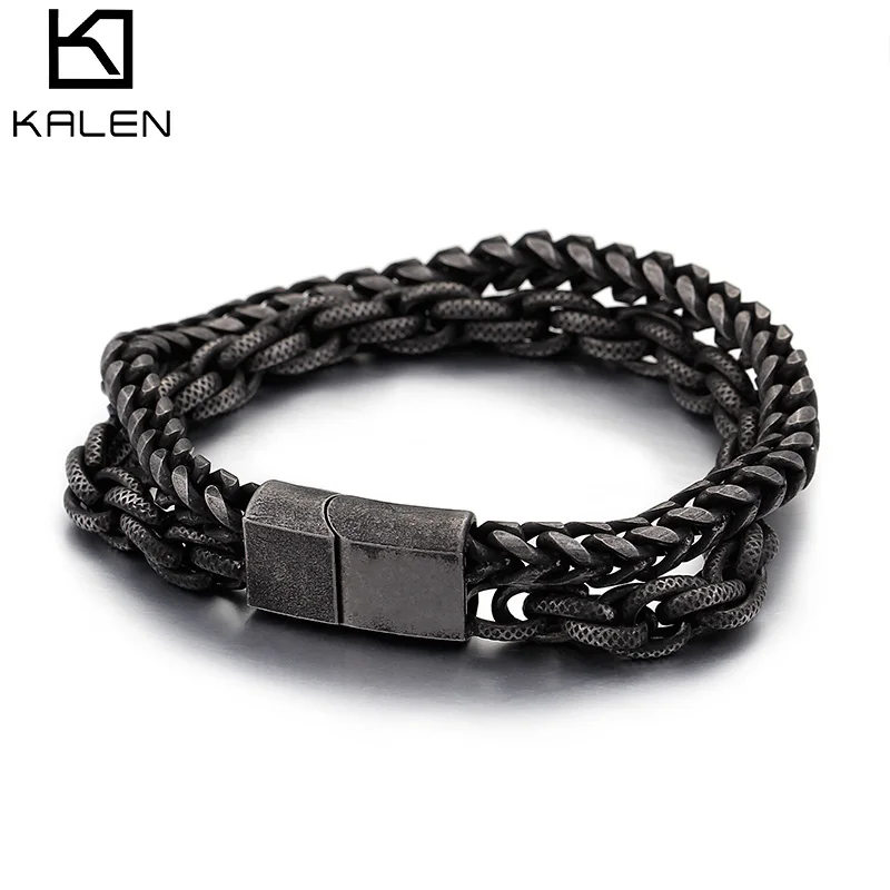 

KALEN 19cm 21cm 23cm 2019 Hot Trendy Retro Double Layer Link Chain Bracelets Men, Vintage black