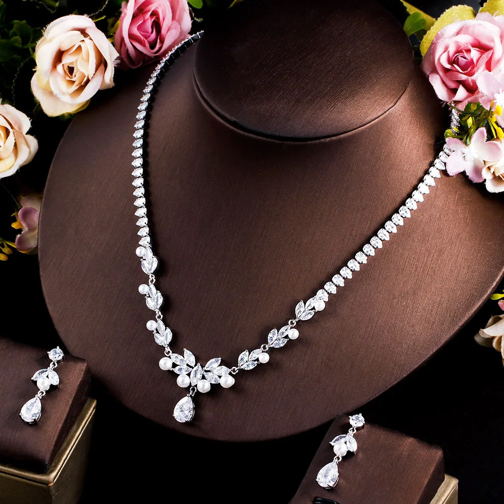 Hawaiian Imitation Pearl and Cubic Zircon Crystal Bridal Wedding Jewelry Sets Silver Plated Women Dangle Earrings and Necklace