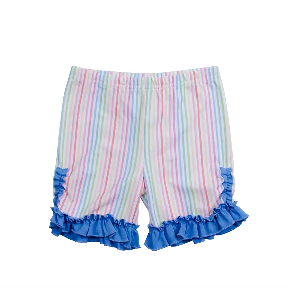 

Wholesale Summer Custom Baby Girls Boutique Clothes Cotton Ruffle Stripe Knitted Elastic Waist Shorts Kids Shorts, Customized color