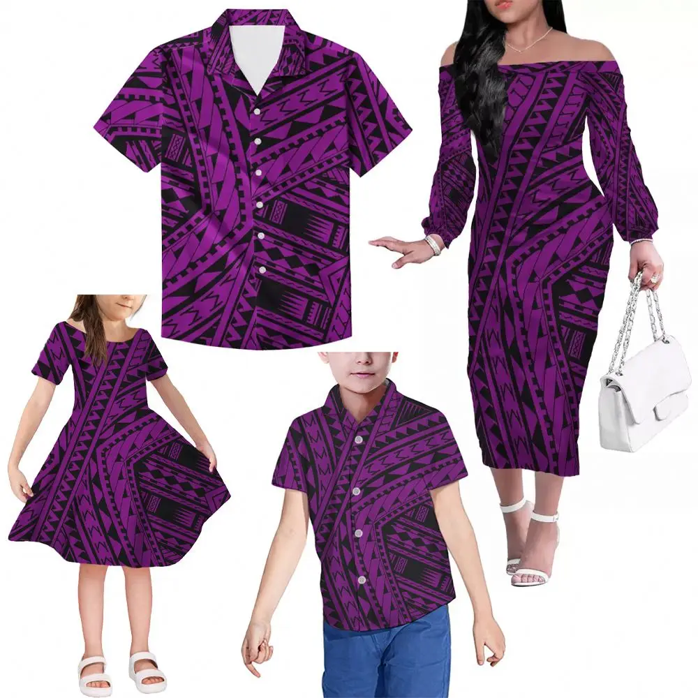 

Hawaii Polynesian Tribal Purple Boys Boutique Clothing Sets 4pcs Clothes Family Matching Dress Long Sleeve Parent-Child Outfit, Customized color