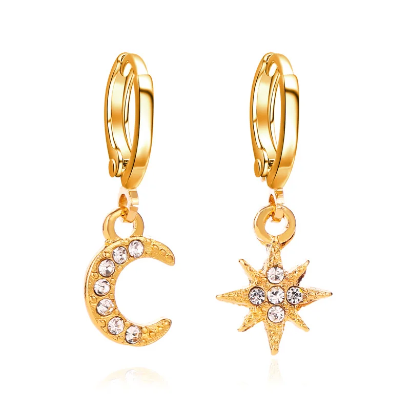 

2020 Fashion 18K Gold Plated Rhinestone Asymmetric Star Moon Hoop Earrings Crystal Moon Star Clip On Earrings For Women