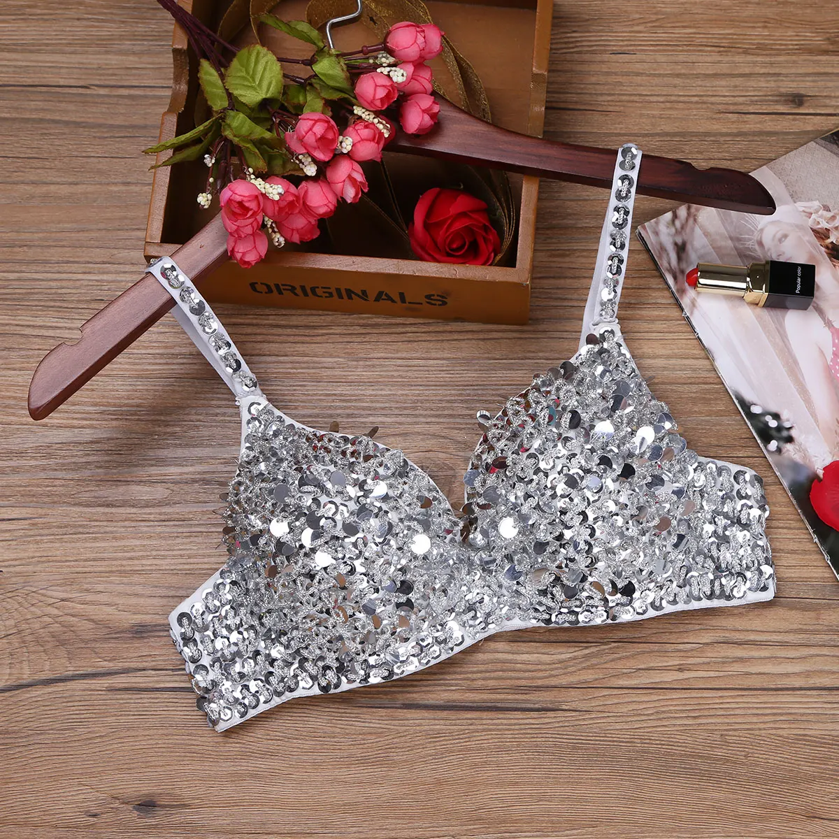 Women Stylish Sparkle Sequins Beading Padded Bra Top Belly Dancing Bra