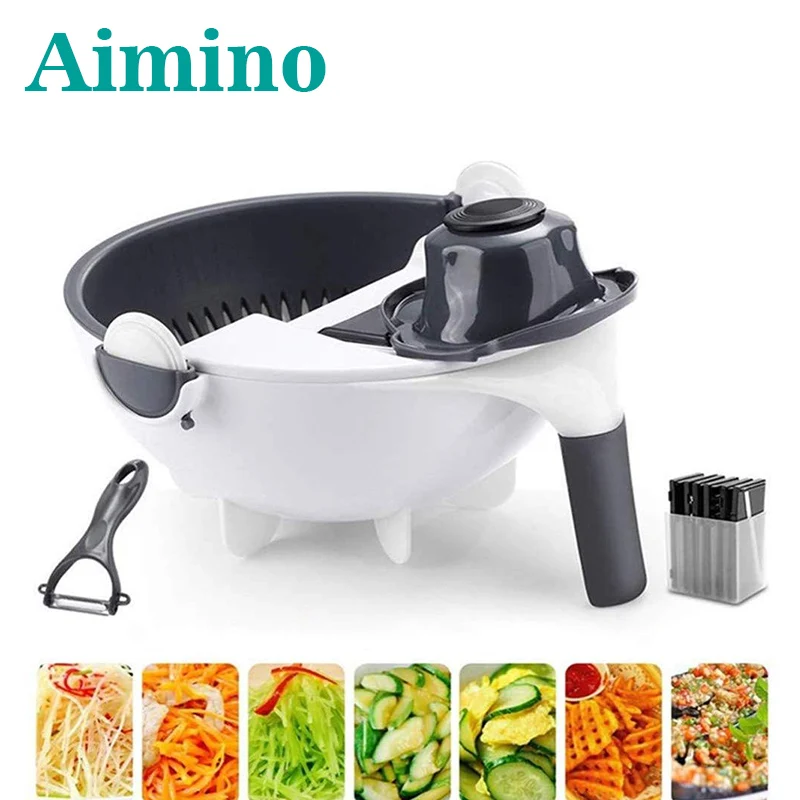 

AIMINO RTS new upgrade 9 in 1 multifunction vegetable slicer with drain basket magic rotate vegetable cutter portable chopper gr