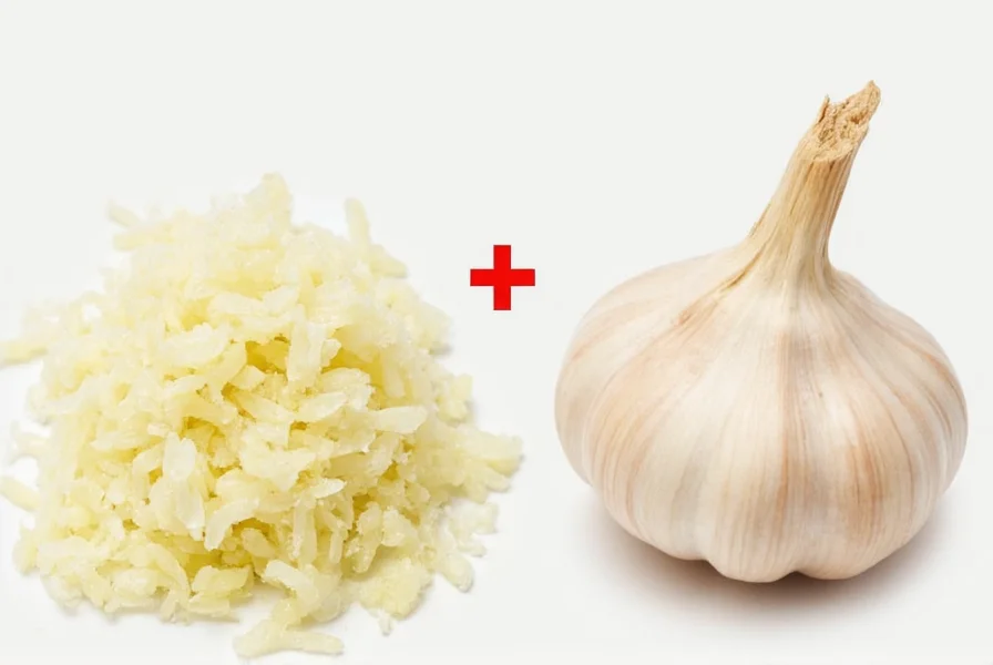 Visual comparison of whole garlic cloves next to measured minced garlic equivalents