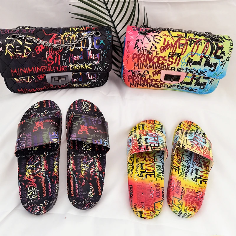 

2021 summer new colorful graffiti chain bag sandals and purse sets flat sandals matching bag set