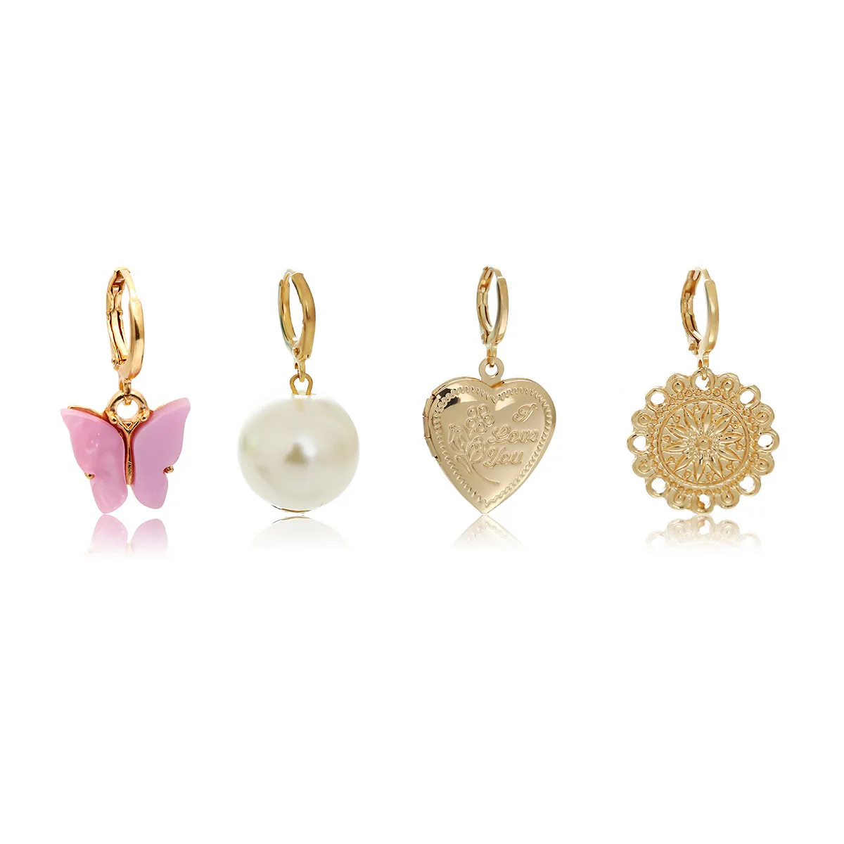 

Hot sell women earrings heart butterfly pearl charm dangling 4pairs/set earring sets