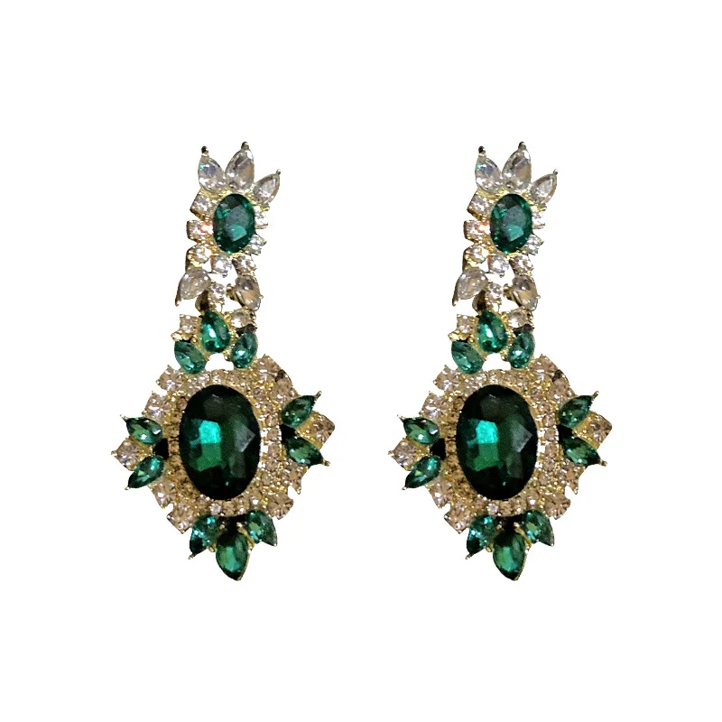 

French Style Elegant Jewelry Emerald Diamond Dangle Earrings 925 Sterling Silver Needle Emerald Crystal Drop Earrings