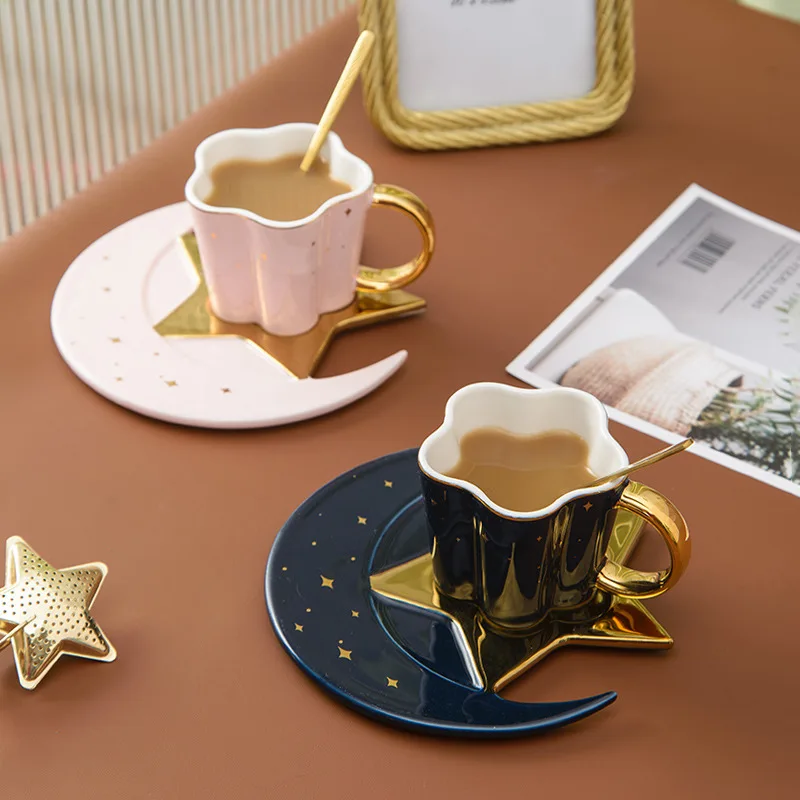 

Seaygift irregular nordic star moon shape plate gold handle ceramic tea cup and saucer gift set porcelain espress coffee mug, Black/pink/blue
