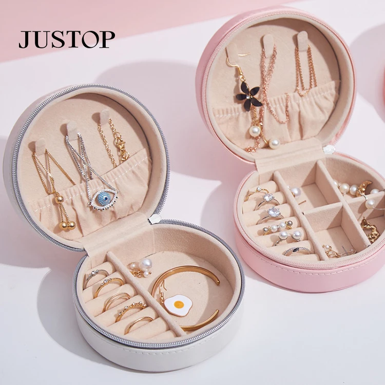 

Wholesale High Quality Round Jewelry Box Organizer Custom Logo Portable Travel Jewelry Organizer Rings Earrings Storage