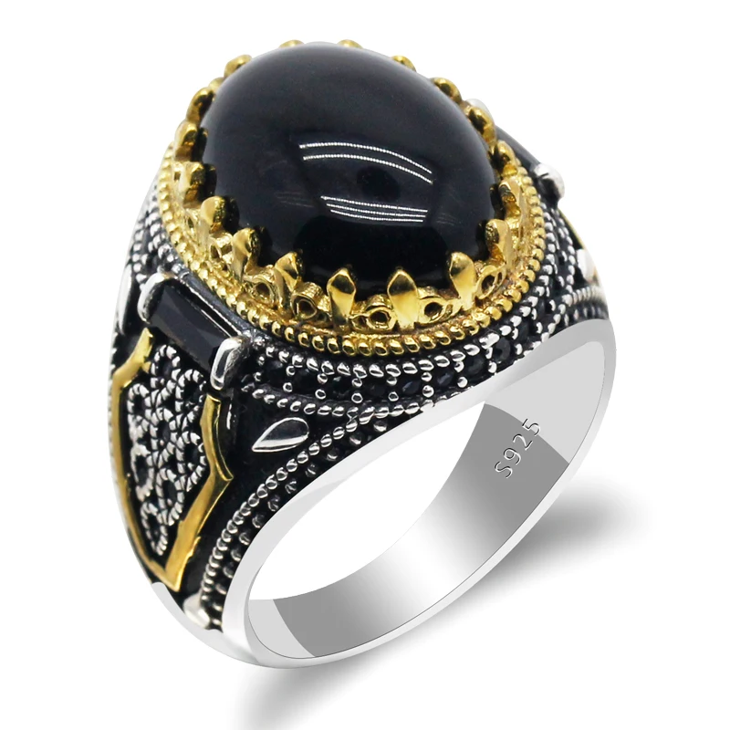 

Turkish Men Ring in 925 Sterling Silver Natural Black Agate Stone Rings Golden Retro Design for Men Turkish Jewelry