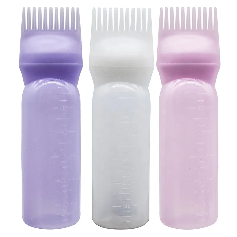 

200ml Salon Shampoo bottle Plastic Comb Bottle Dye and Scale 6oz, Comb Salon Hair Dyeing Bottle with Scale Brush, White,purple,pink