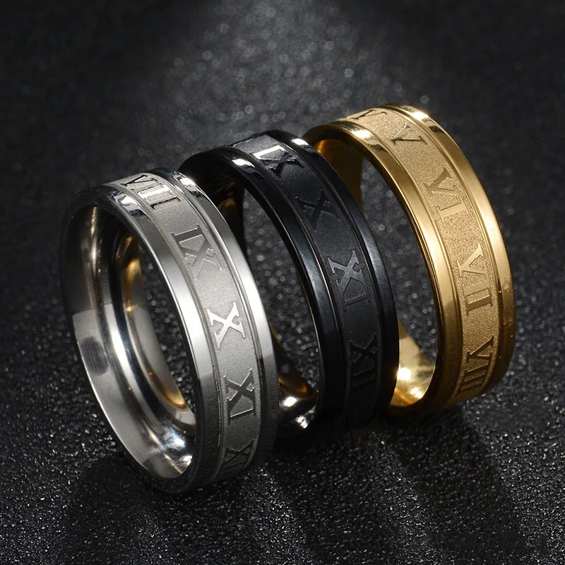 

Douvei Fashion Jewelry Stainless Steel Wedding Band Ring Roman Numerals Gold Black Cool Punk Rings For Men Women, Gold,silver,black