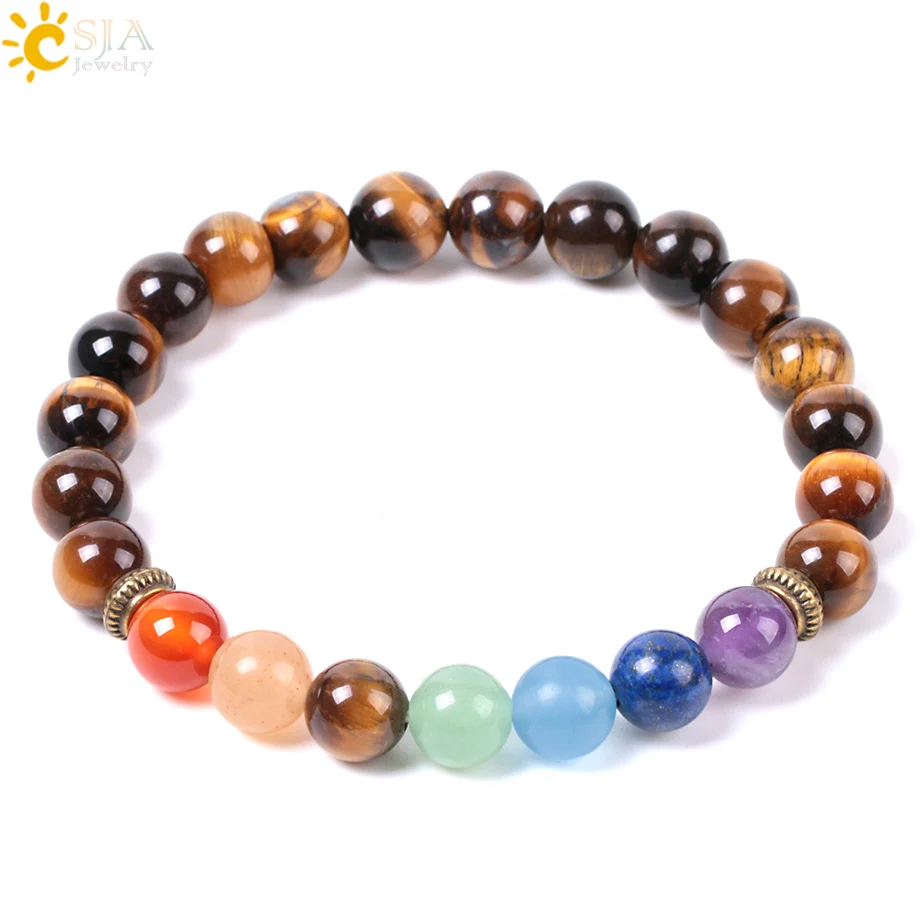 

CJSA hot 7 chakra bracelet men natural gemstone crystal tiger eye stone yoga healing balance bracelet E958