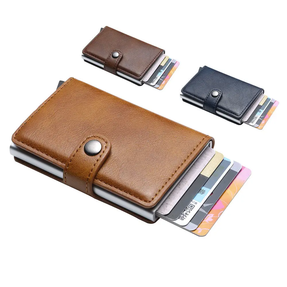

Hot Sell Pop Up PU Leather Automatic Aluminium Slim Minimalist Credit Card Holder RFID Blocking Wallet for Men and Women