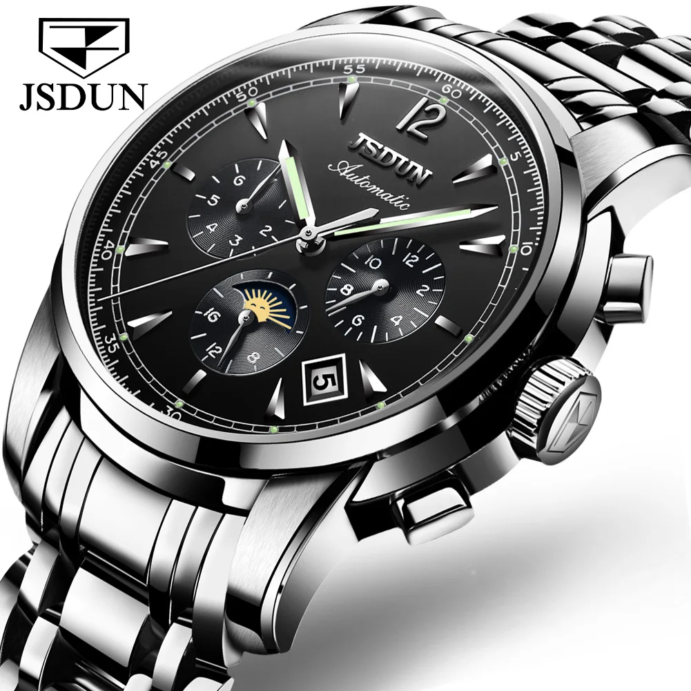 

JSDUN 8750 Men Watch Top Luxury Brand Men Automatic Mechanical WristWatch Chronograph Stainless Steel Band Business Clock, 7 colors choice