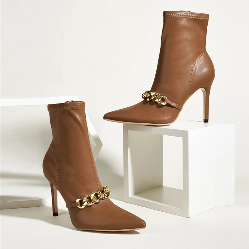

Spring Autumn New Pointed Toe Metal Chain Decoration Zipper Ankle Short Boots Women Thin High Heels Sexy Booties Shoes