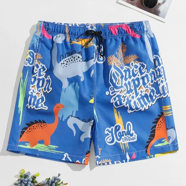 

New Arrive OEM Custom Sublimation Printing bathing surf Swimming Mens Board shorts custom Men Cartoon Dinosaur Swim Trunks