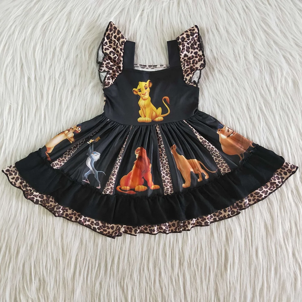 

RTS twirl dresses baby girls fashion cartoon animal lion design printed knee length fall color black big sweep holiday dress