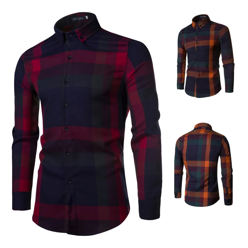 

Spring Men Long Sleeve Solid Color Corduroy Plaid Shirts, Picture shown