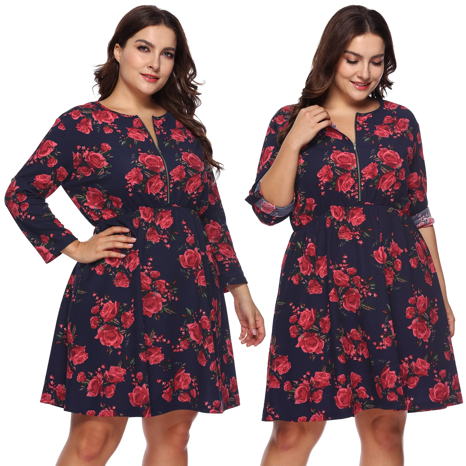 

Fat lady spring and autumn plus size women's clothing printed waist three-quarter sleeve zipper dress women