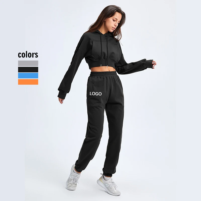 

New Arrival Women Long Sleeve 2 Piece Tracksuit Custom Blank Jogger Fitness Sweatsuit With Hoodies