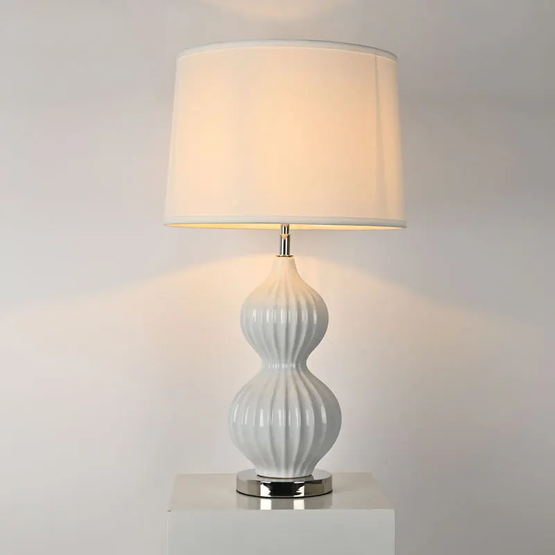 Bedside Nightstand Bedroom White Fabric Shade Modern Gourd Cucurbit Ceramic Table Lamp